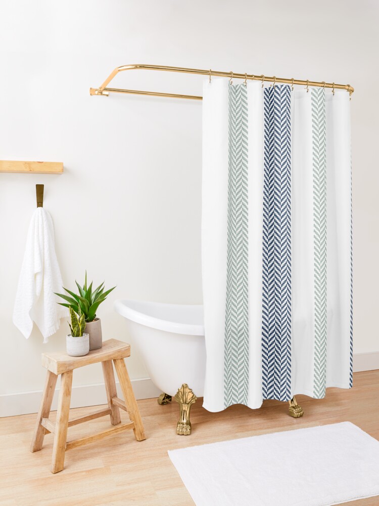 Navy & Green Herringbone Stripe Shower Curtain